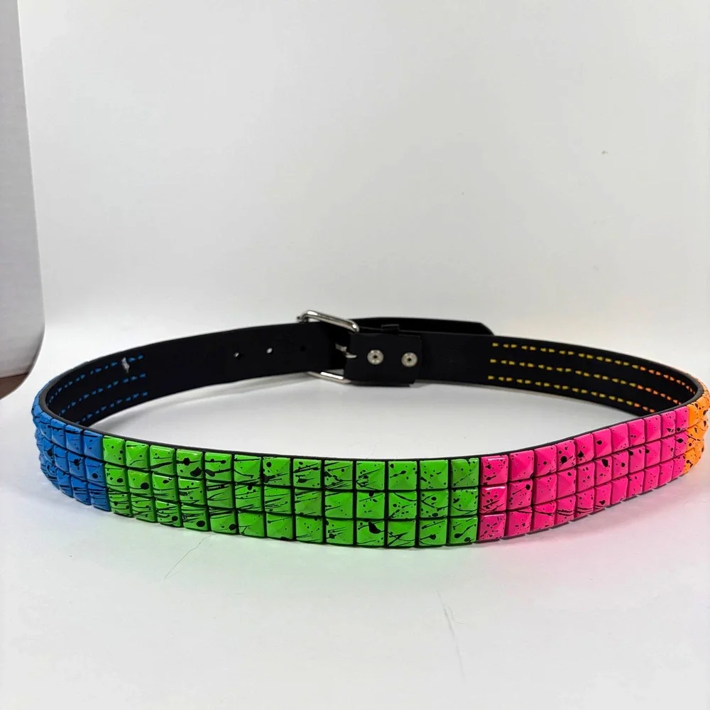 Y2K Neon Spiked Stud Belt 3 Row Splatter Punk Emo Scene Black Strap 38